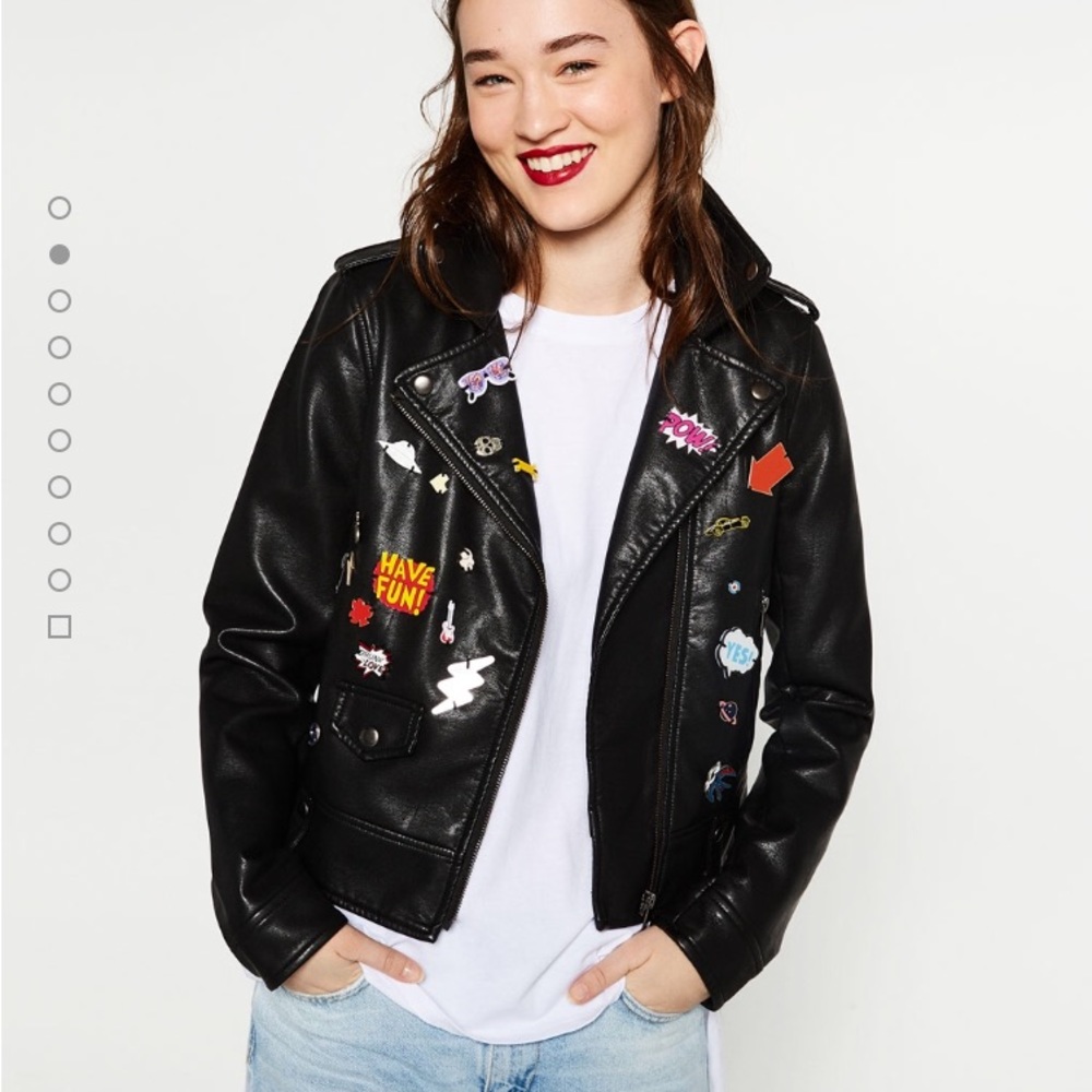 NWT Zara faux leather black jacket with emblems Sz XS